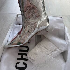 SCHUTZ Leather Metallic Silver Pointed Kitten-Heel Ankle Boots 218$ retail price